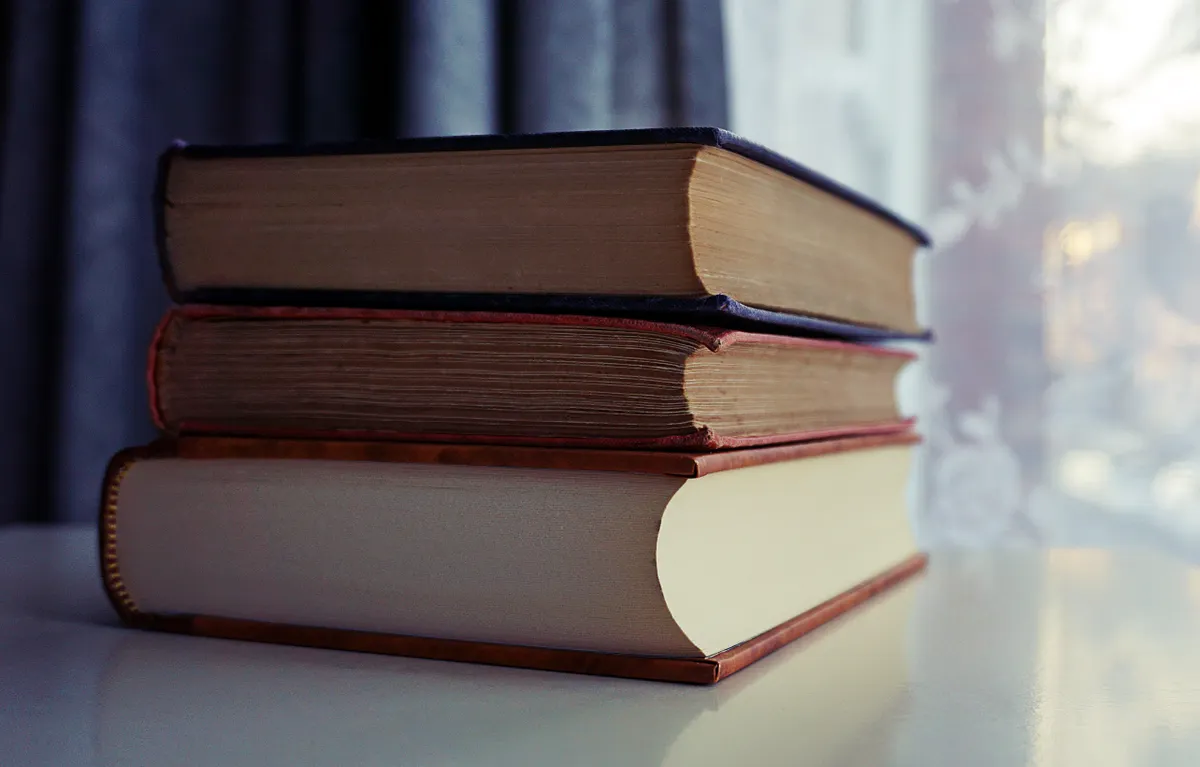 Sample image: A small stack of books by a sunlit window