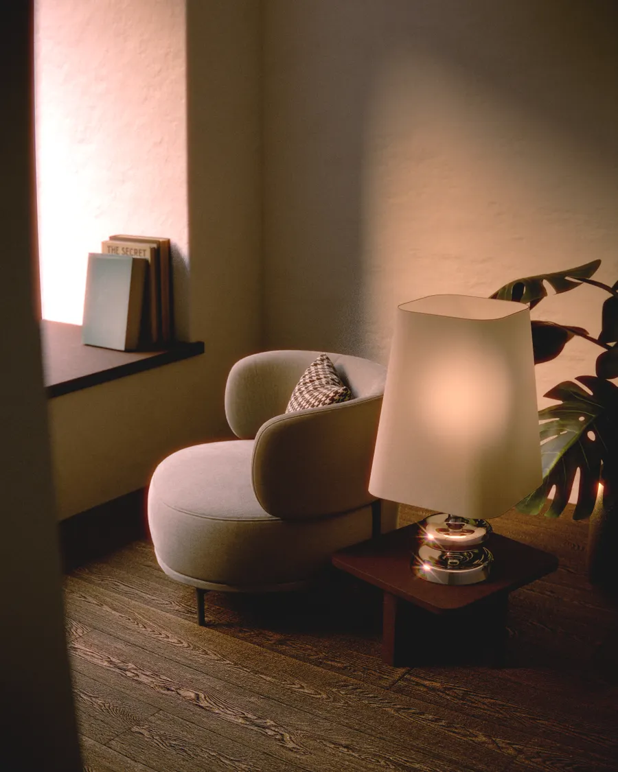 Sample image: A calm room with an armchair and a softly glowing lamp